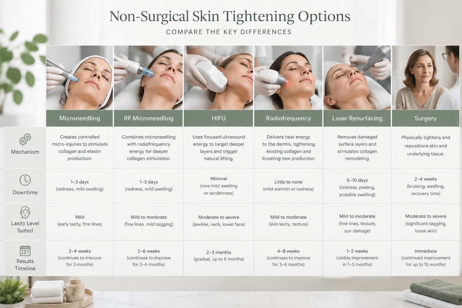 Comparison chart of skin tightening treatment alternatives including HIFU, RF and laser