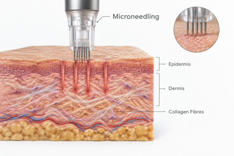 Microneedling skin tightening illustration showing collagen stimulation in the dermis