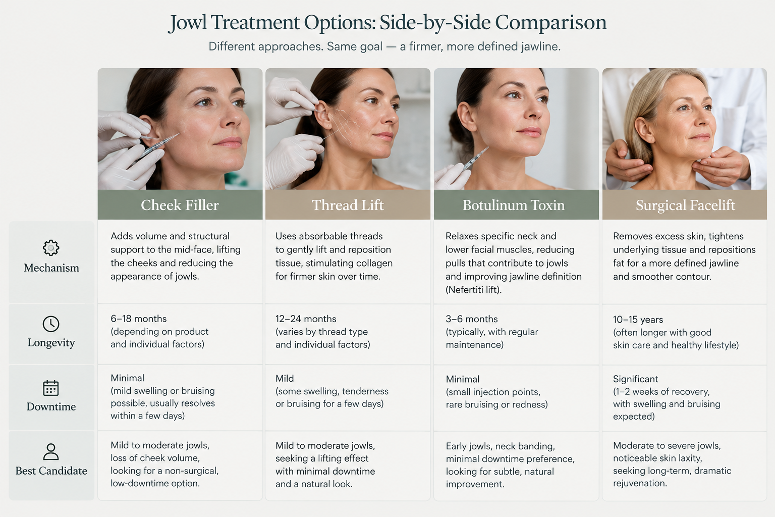Comparison of non-surgical and surgical jowl treatment options including cheek filler and thread