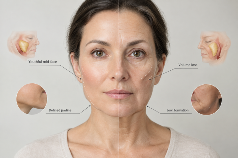Illustration showing mid-face volume loss and jowl formation due to ageing facial anatomy