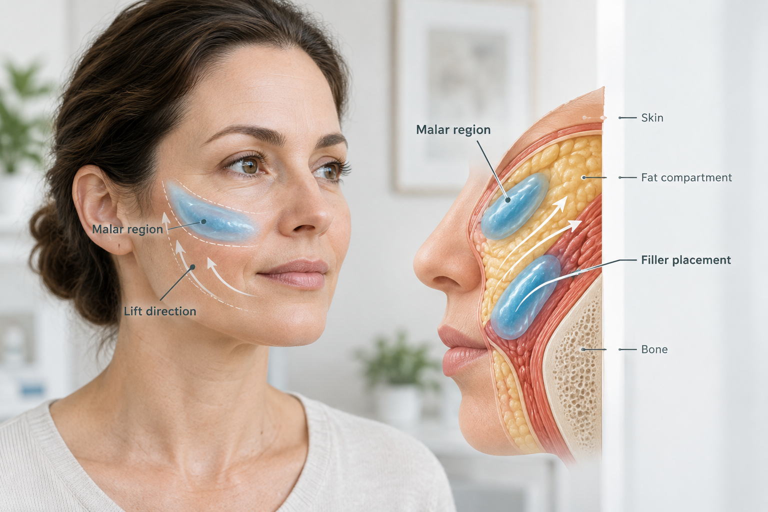 Diagram showing cheek filler placement in malar region creating a lifting effect on lower face