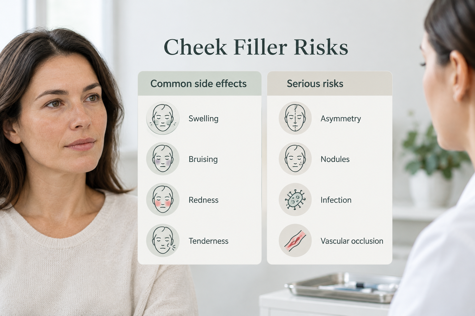 Infographic summarising common and serious risks of cheek dermal filler treatment